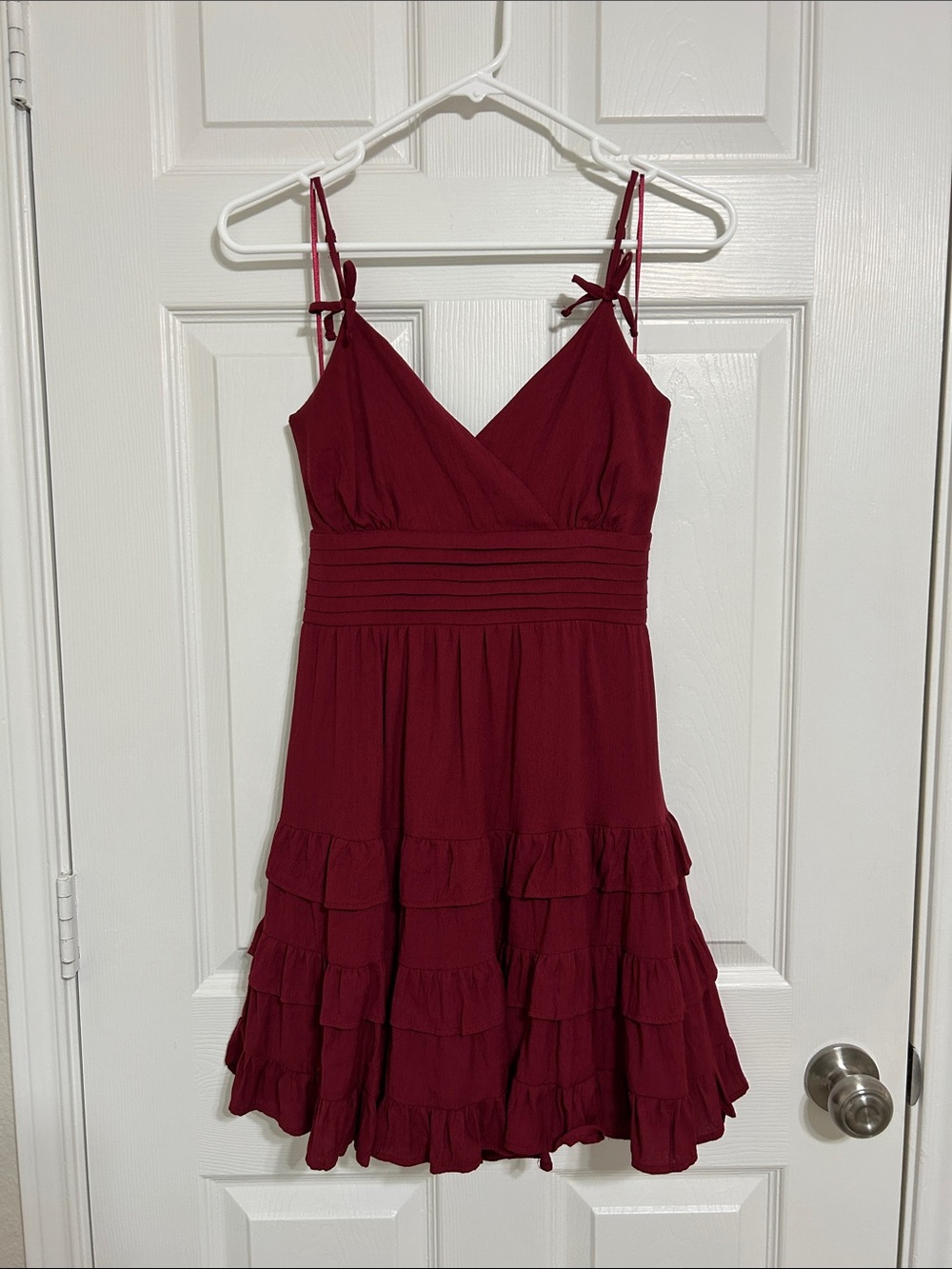 Francesca's Burgundy Tiered Ruffle Tie Back Mini Dress